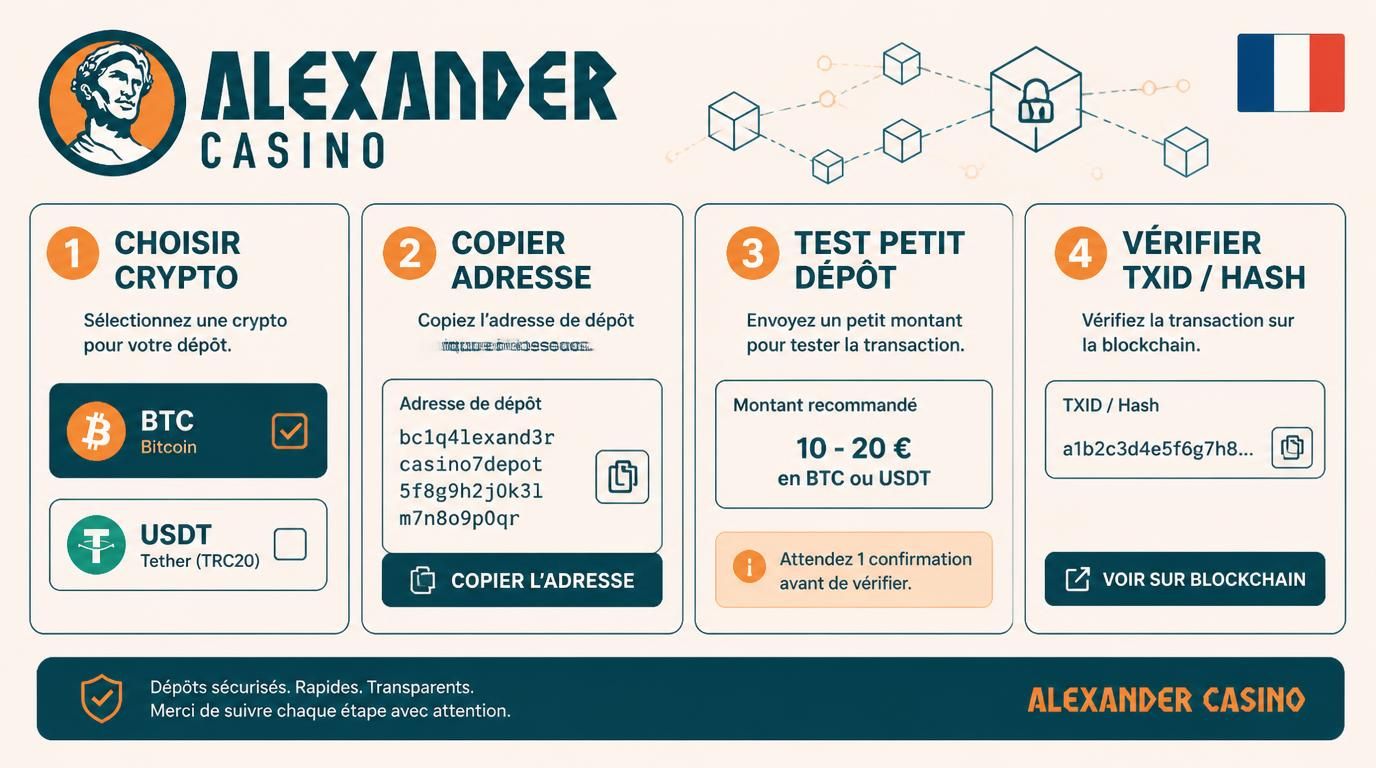 Un schéma en quatre étapes pour un dépôt crypto sécurisé avec abréviations BTC, USDT, test, TXID