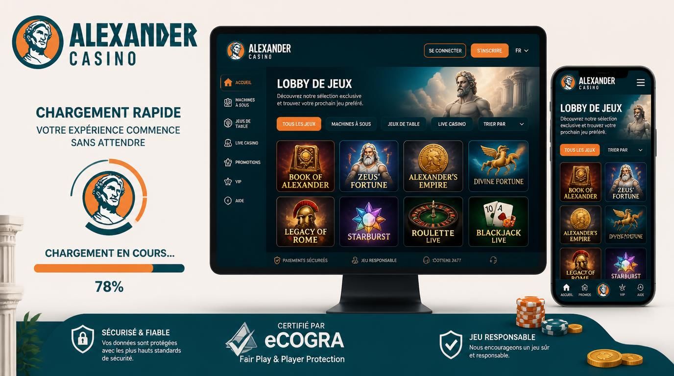 Interface de casino avec lobby desktop et mobile, certificat visible