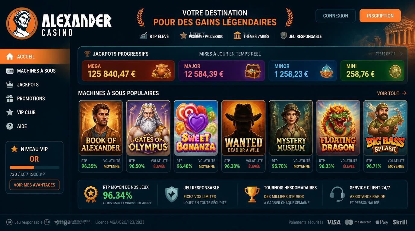 Slots variés, RTP, jackpots progressifs